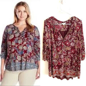 lucky brand boho peplum floral peasant print red blouse 1X